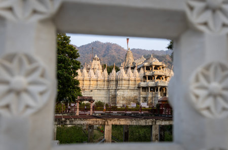 ancient unique temple architecture with bright blue sky at day from unique perspective image is taken at ranakpur jain temple rajasthan india.の写真素材