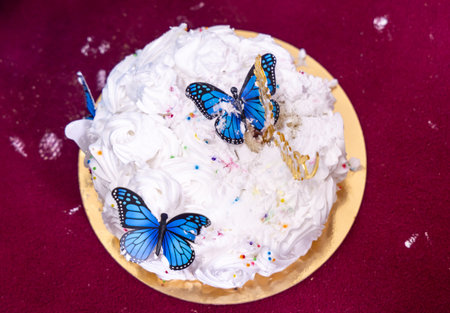 Gorgeous White Cake after cake mash from top at Indoorsの写真素材
