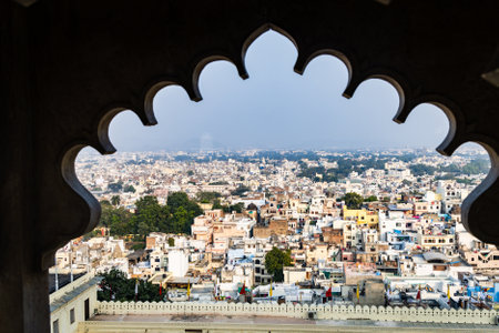 city view from historical palace window at day image is taken at city palace, Udaipur rajasthan india.の写真素材