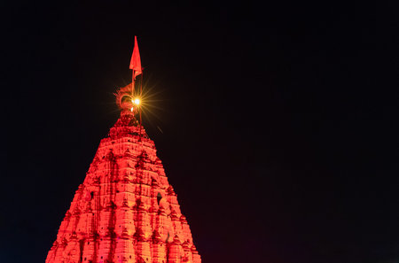 hindu holy temple dome architecture in colorful light at night image is taken at mahakaleshwar mahakal temple ujjain madhya pradesh india.の写真素材