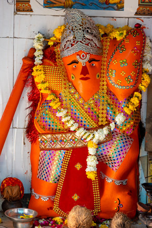 idol of hindu holy god lord hanuman at indoor from different angle image is taken at ujjain madhya...