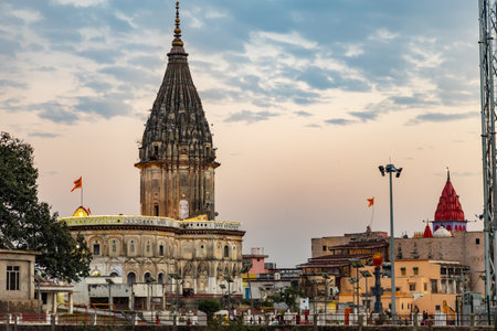 Sacred Hindu temple with its vibrant architecture and dramatic sky at evening from different angle image is taken at Ram JanmabhoomiAyodhya Uttar Pradesh India.の写真素材