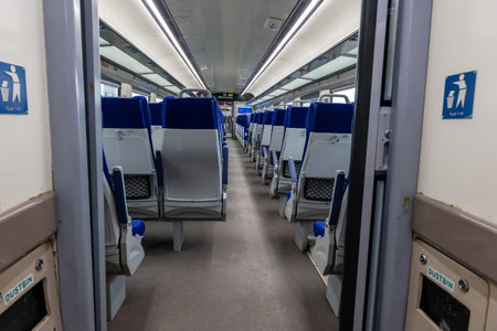 Passenger Coaches of high speed Train with automatic operated glass door During Daytime image is...