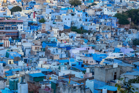 blue city crowded house view from mountain top at morning image is taken jodhpur rajasthan india.の写真素材