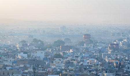 city with morning haze at early morning from flat angle image is taken jodhpur rajasthan india.の写真素材