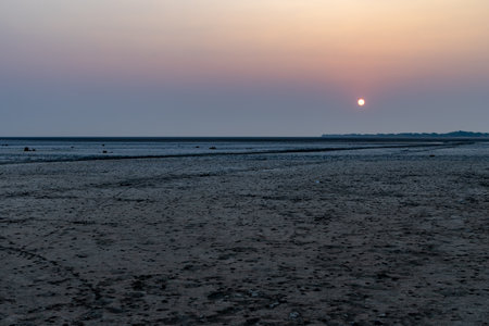 dry farm fields with sunrise bright orange sky at morningの写真素材