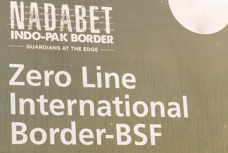 zero line international sign board of indian security force at india pakistan border at day image is taken at India-Pakistan Border Nadabet Tharad Gujarat.の写真素材