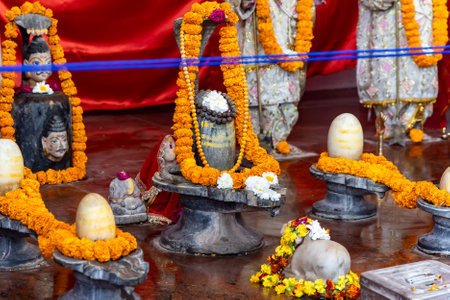 hindu god lord shivalinga worshiped by devotee with garland offering at templeの写真素材