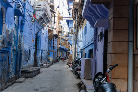 indian blue city crowded street at morning from flat angle image is taken at jodhpur rajasthan india.の写真素材