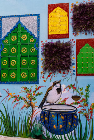 artistic wall art painting at blue city street at morning from unique angle image is taken at jodhpur rajasthan india.の写真素材