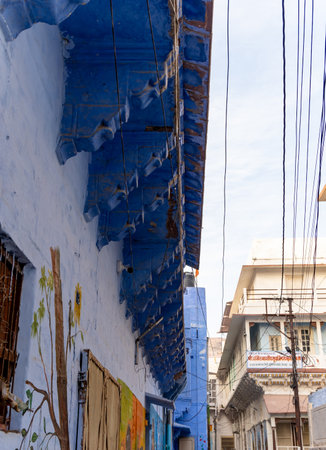 artistic roof terrace at blue city street at morning image is taken at jodhpur rajasthan india.の写真素材