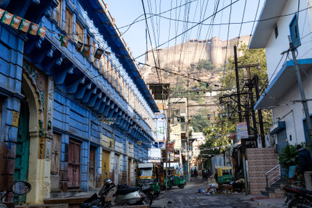 indian blue city crowded street at morning from flat angle image is taken at jodhpur rajasthan india.の写真素材