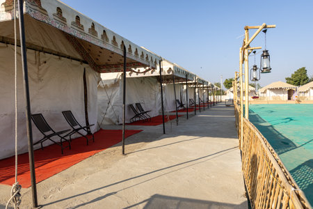 desert camp setup corridor view in natural surroundings with bright skyの写真素材