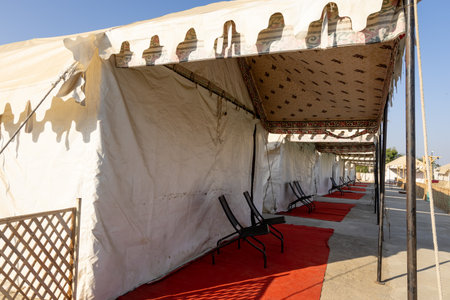 desert camp setup corridor view in natural surroundings with bright skyの写真素材