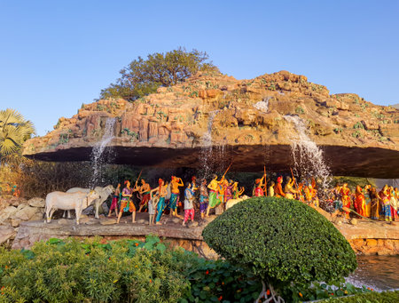 hindu spiritual scene govardhan hill krishna at temple from flat angleの写真素材