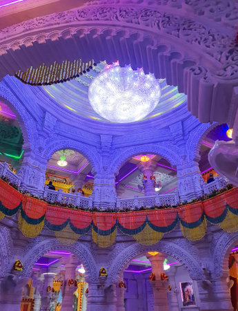 ancient white marble hindu temple unique architecture inside view image is taken at prem mandir uttar pradesh india.の写真素材