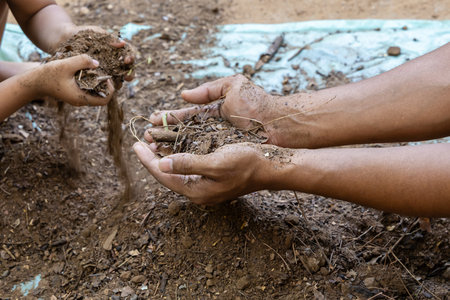 adult and child bonding while preparing clean garden soil with save earth theme at outdoorの写真素材