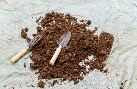 cow dung fertilizer with gardening tool kept at plastic sheet at outdoorの写真素材