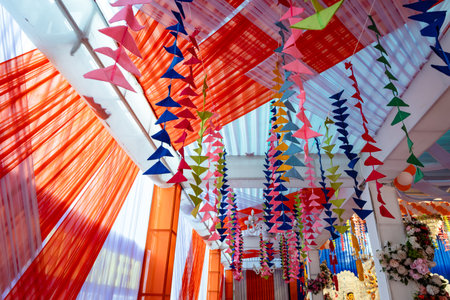 artistic temporary shed for celebration with amazing decoration indoor shot at dayの写真素材