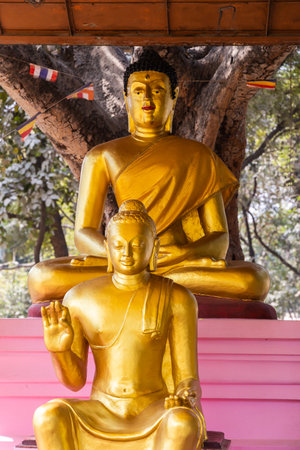 holy golden buddha statues displayed in different postures at outdoorの写真素材
