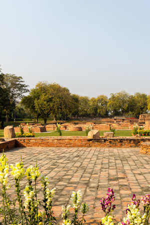 ancient ruins of sarnath the sacred buddhist place from unique perspective at Sarnath near Varanasi, India, marking the sacred site where Buddha gave his first sermon.の写真素材