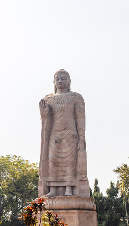 ancient giant buddha statue stone architecture with bright sky background at Sarnath near Varanasi, India.の写真素材