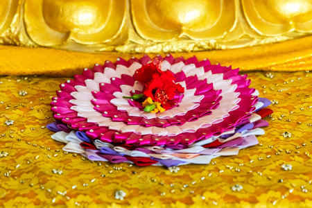 holy offerings placed for divine at temple at indoorの写真素材