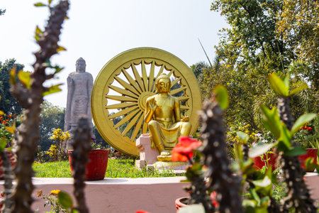 golden buddha idol with ashoka chakra backdrop in daylight outdoor sceneの写真素材
