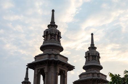 monastery architecture under bright evening skyの写真素材