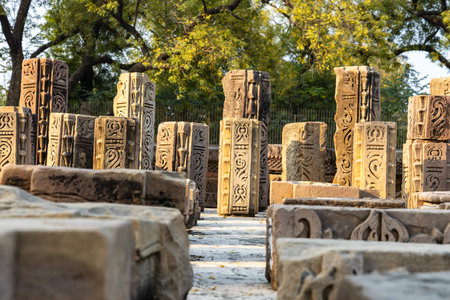 sarnath archaeological site with excavated ancient stone ruins at in daylight at Sarnath near...