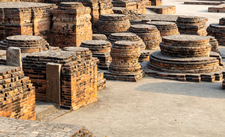 archaeological ruins of meditation stupa at sarnath near varanasi indiaの写真素材