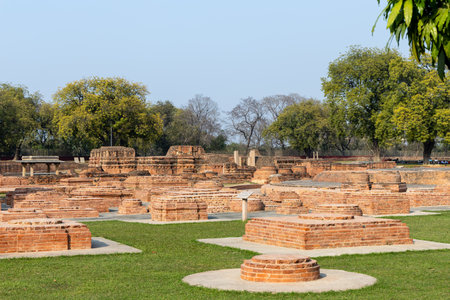 ancient archaeological ruins of sarnath sacred buddhist site near varanasi at Sarnath near Varanasi, India, marking the sacred site where Buddha gave his first sermon.の写真素材