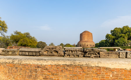 ancient buddhist monument dhamek stupa at sarnath near varanasi in daylight at Sarnath near Varanasi, India, marking the sacred site where Buddha gave his first sermon.の写真素材