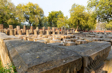 excavated archaeological remains at sarnath ancient site in day at Sarnath near Varanasi, India, marking the sacred site where Buddha gave his first sermon.の写真素材