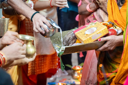festive chhath puja scene with devotee presenting chhath argha offerings