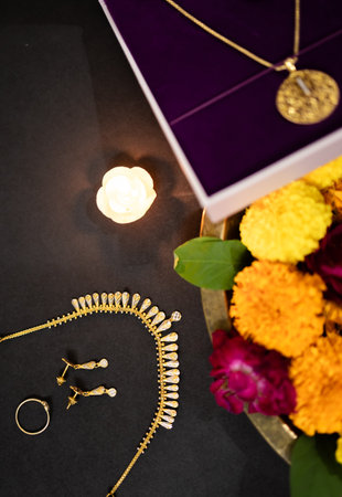 Indian Gold Necklace Set With Rupee Note And Rose depicting concept of Wedding Or Festival Giftsの写真素材