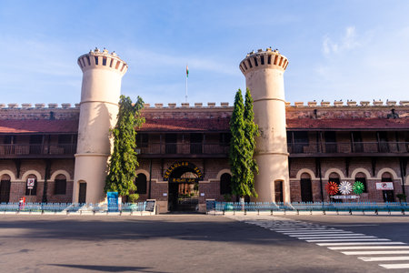 famous tourist attraction cellular jail andaman under clear sky image is taken at the Cellular (Kala Pani) Jail, Andaman Nicobar Islands, India.の写真素材