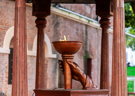 torch or flambeau in remembrance of indian freedom fighter at historic cellular jail andaman image is taken at the Cellular (Kala Pani) Jail, Andaman Nicobar Islands, India.の写真素材