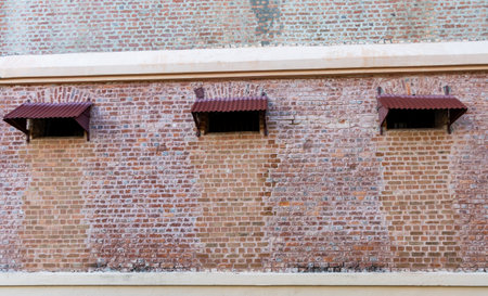 red brick wall of the cellular jail in port blair image is taken at the Cellular (Kala Pani) Jail, Andaman Nicobar Islands, India.の写真素材