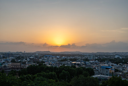 city aerial view of residential and commercial architecture at twilight at duskの写真素材