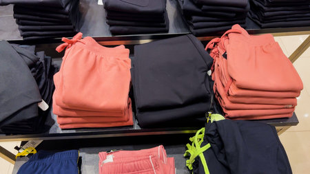 retail apparel store showcasing folded women trousers