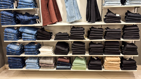 Stacked Denim Pants and Casual Trousers in Modern Apparel Storeの写真素材