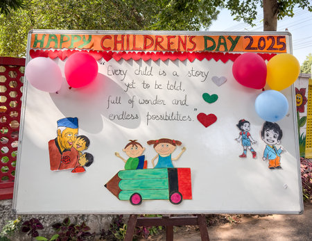 happy childrens day celebration art on classroom board with balloons and drawingsの写真素材