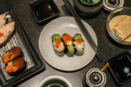 The flat lay of Japanese restaurant tableの写真素材