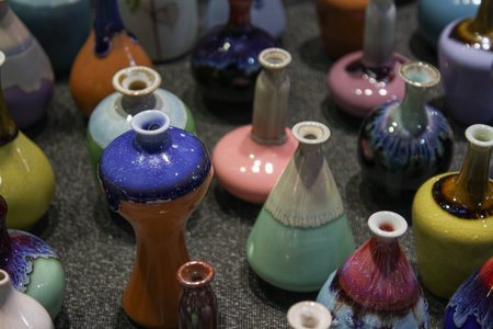 A lot of colorful ceramic vasesの写真素材