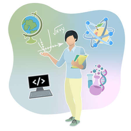 Female teacher with short pixie haircut, on the gradient background with symbols of subjectsのイラスト素材