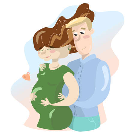 Cartoon family couple man and woman pregnant isolated on blue and orange backgroundの写真素材