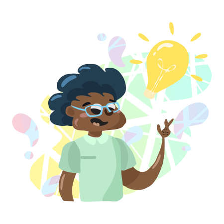 Cartoon man got the idea with light bulb isolated on colorful gradient backgroundのイラスト素材
