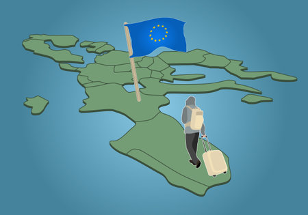 An immigrant with a suitcase steps on the land of the European Union countries.のイラスト素材