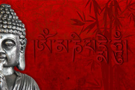 Buddha statue with religious symbols and design backgroundの写真素材
